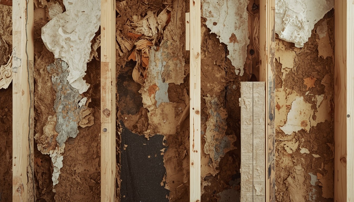 moisture damage causing deterioration in wood and drywall