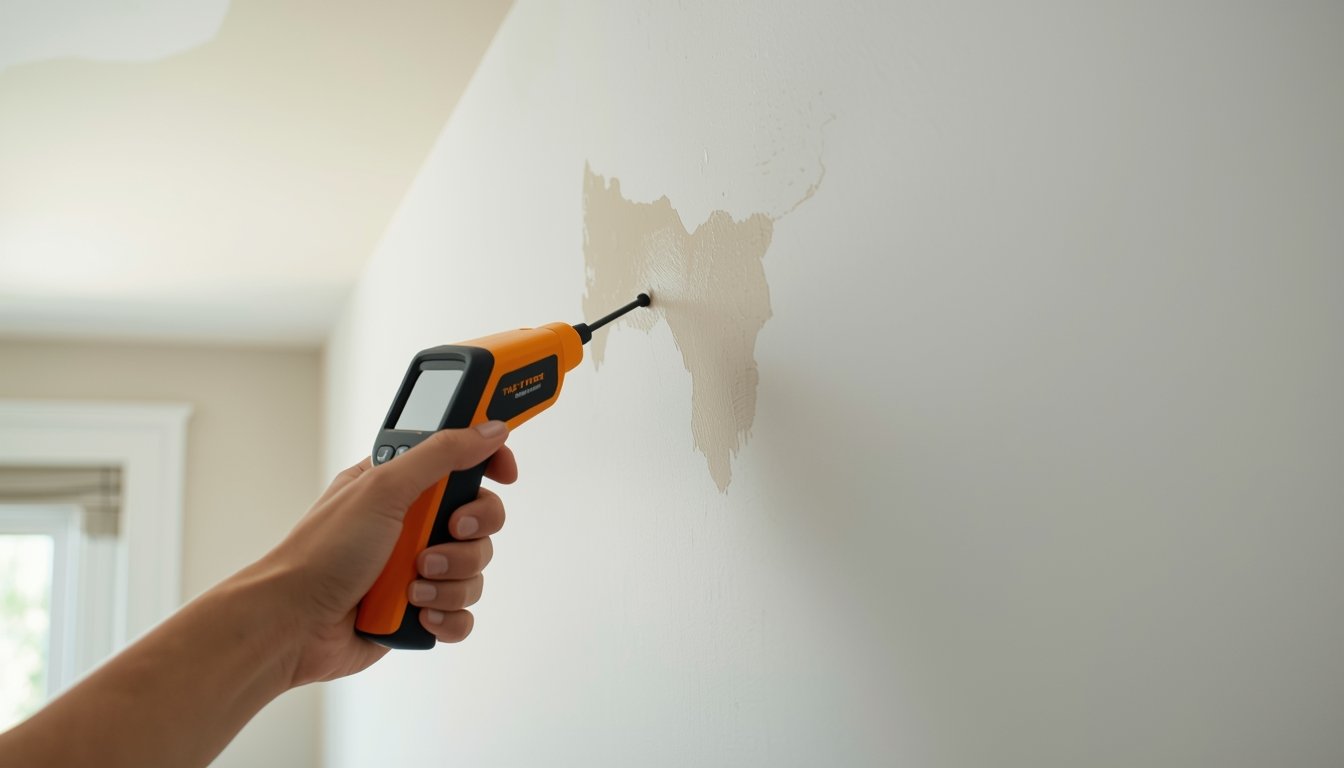 moisture meter scanning drywall for water damage