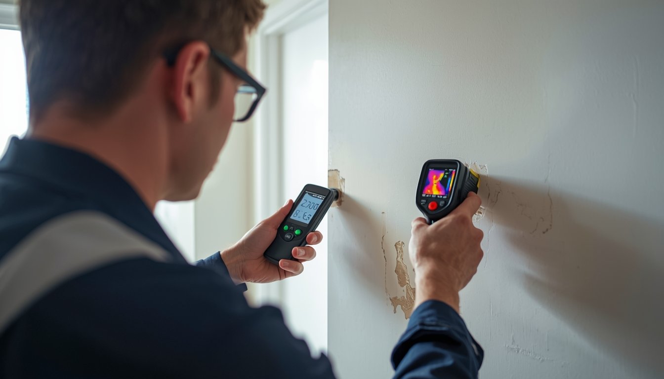 professional diagnosing hidden water damage using moisture meter and thermal camera