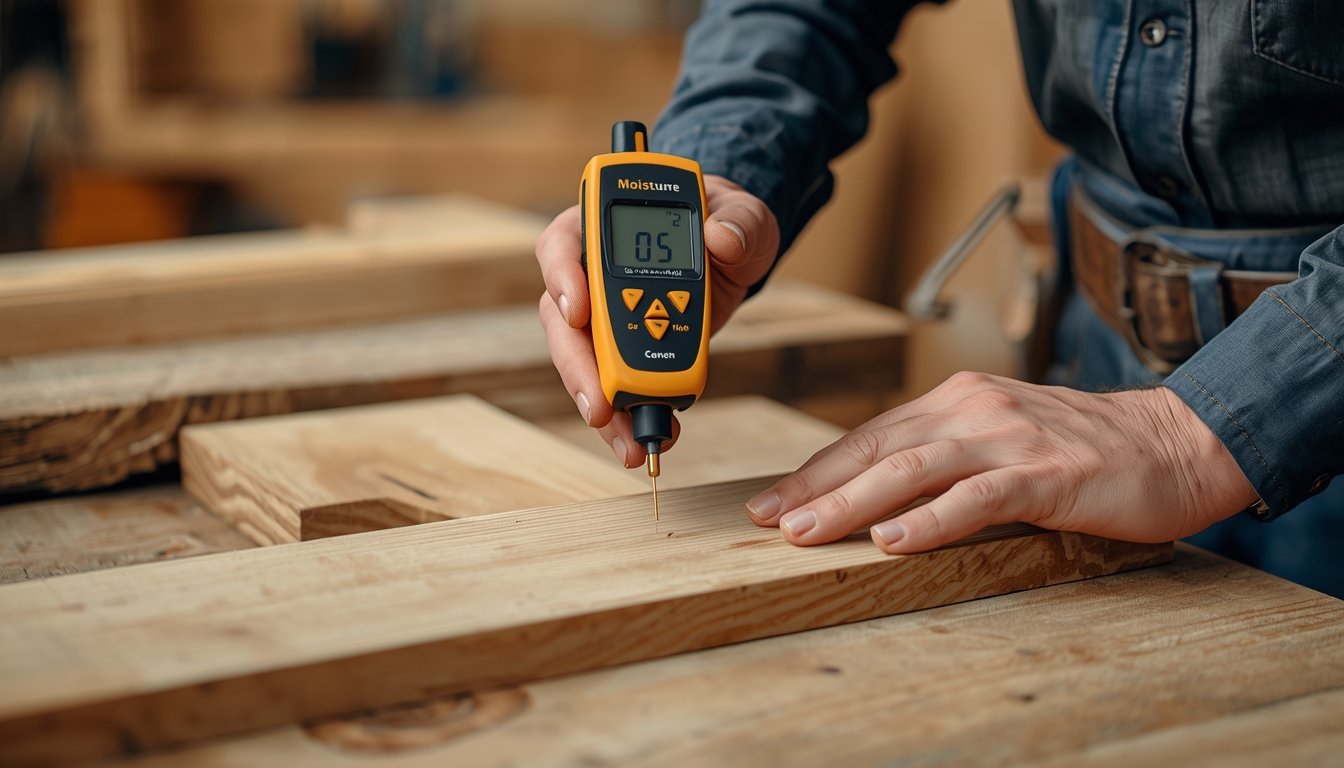 moisture meter testing wood in a woodworking workshop